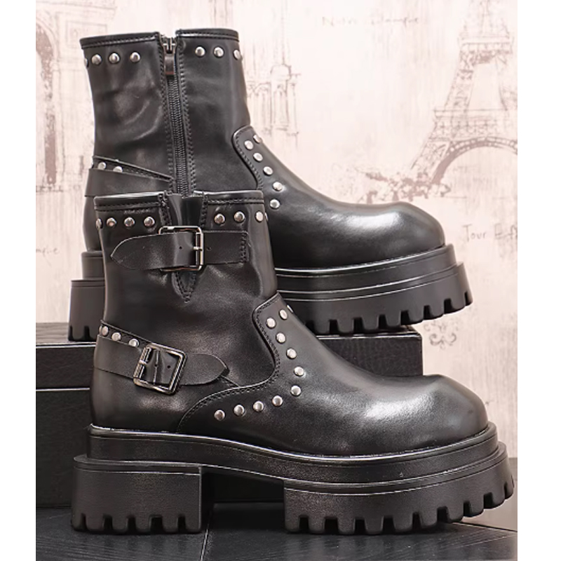 Streetwear Zipper - Men's Black Studded Platform Buckle Strap