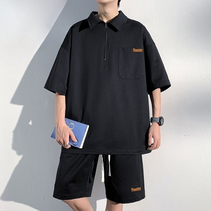 Men's Zip Up Polo Shirt Set Su - Streetwear Zipper のレビューと価格