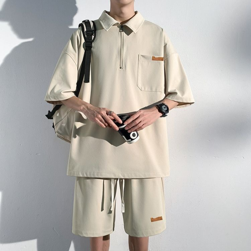 Men's Zip Up Polo Shirt Set Su - Streetwear Zipper のレビューと価格