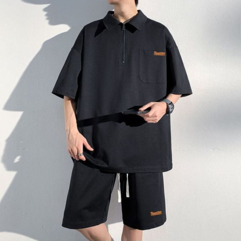 Men's Zip Up Polo Shirt Set Su - Streetwear Zipper のレビューと価格