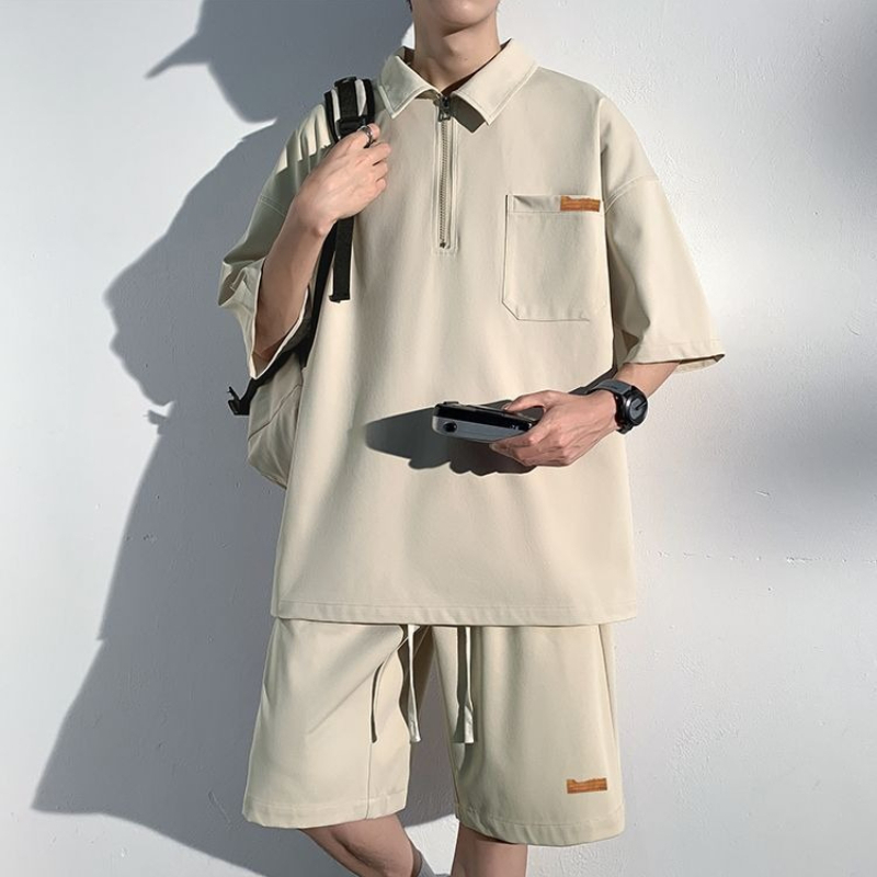Men's Zip Up Polo Shirt Set Su - Streetwear Zipper のレビューと価格